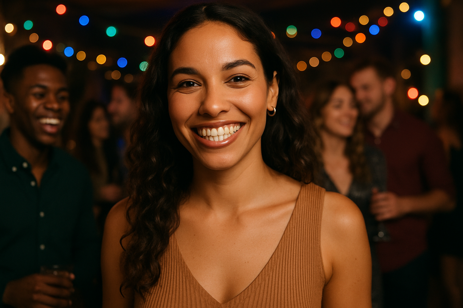 Someone smiling with perfect teeth at a party